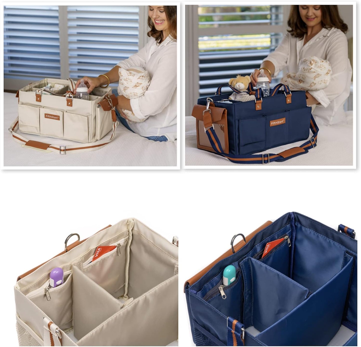 Diaper Caddy Organizer - Multiple Compartment Bag with Shoulder Strap and Entertainment Pouch Keeps Baby Still for Diaper Changing. Waterproof Canvas Fabric Storage Bag for Nursery (Beige)
