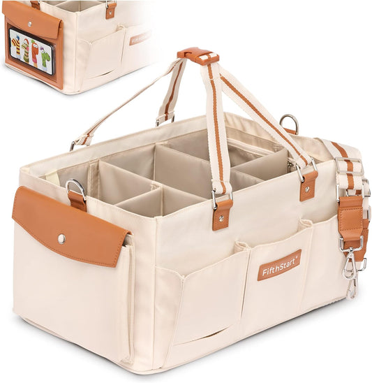 Diaper Caddy Organizer - Multiple Compartment Bag with Shoulder Strap and Entertainment Pouch Keeps Baby Still for Diaper Changing. Waterproof Canvas Fabric Storage Bag for Nursery (Beige)