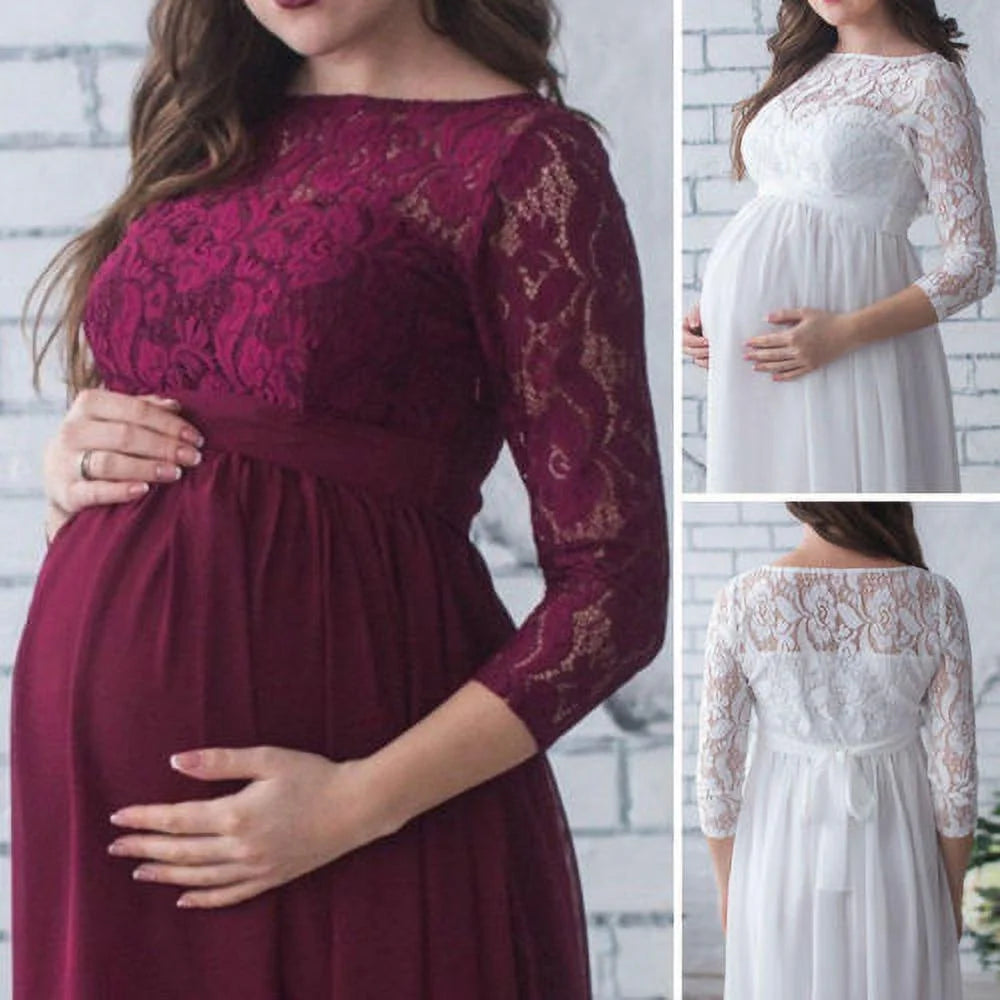 Women Vintage Lace Floral Maternity Dress Photography Baby Shower Party Long Maxi Gown Dresses