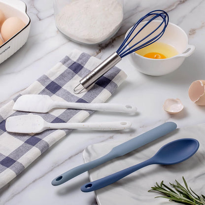 Kitchen Utensil Set - Silicone Kitchen Tools, Whisk, Tong, Spatula, Spoonula and Spoon, Navy Collection
