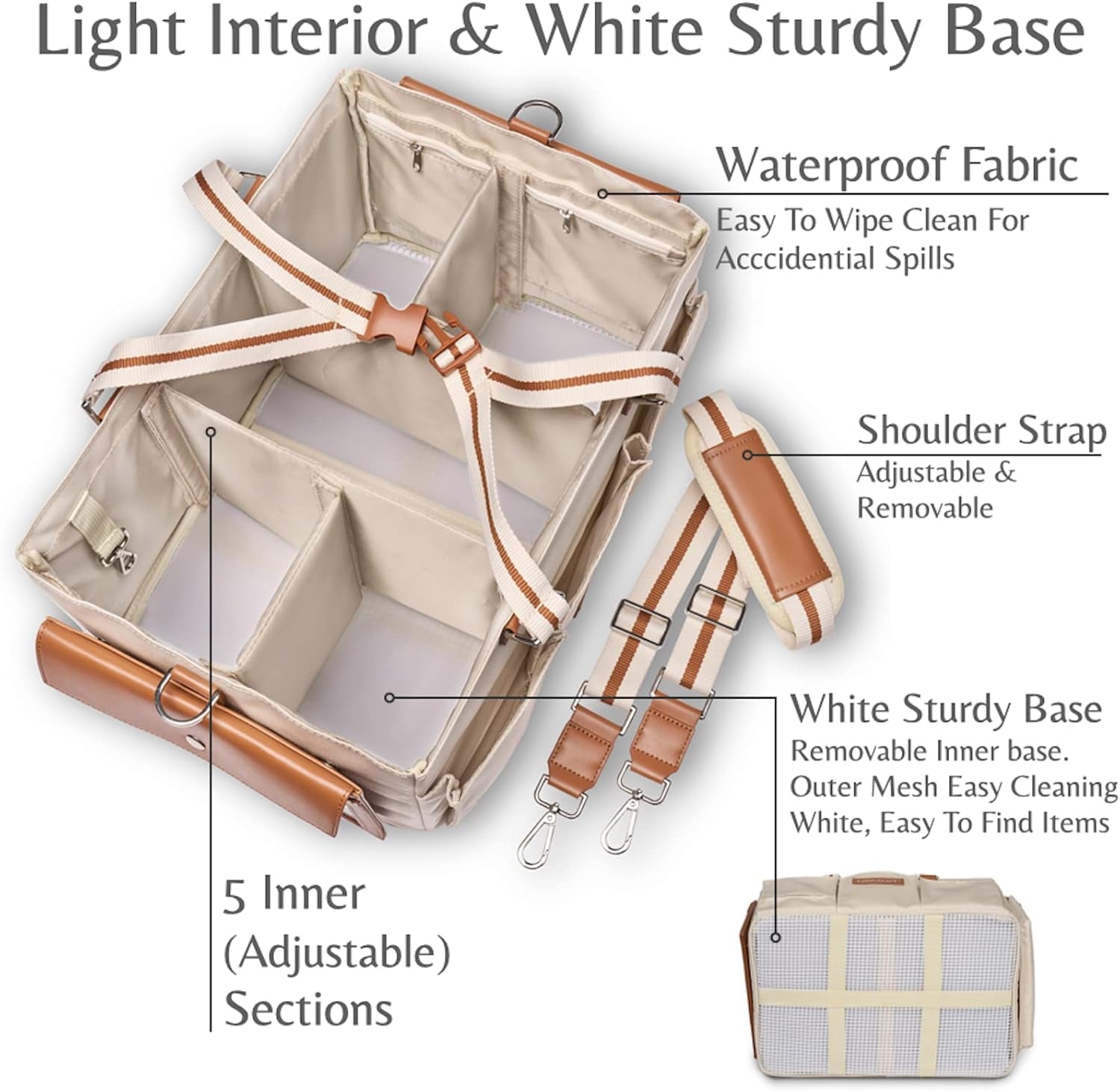 Diaper Caddy Organizer - Multiple Compartment Bag with Shoulder Strap and Entertainment Pouch Keeps Baby Still for Diaper Changing. Waterproof Canvas Fabric Storage Bag for Nursery (Beige)