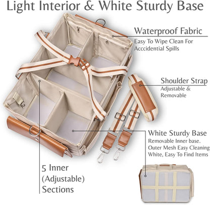 Diaper Caddy Organizer - Multiple Compartment Bag with Shoulder Strap and Entertainment Pouch Keeps Baby Still for Diaper Changing. Waterproof Canvas Fabric Storage Bag for Nursery (Beige)