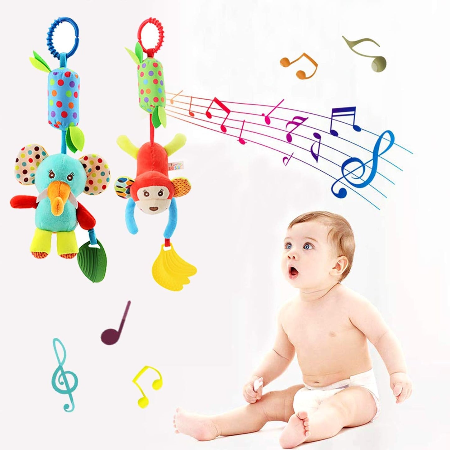 Baby Hanging Rattles Toys, Newborn Crib Toys Car Seat Stroller Toys for Infant, Colorful Animal Bell Soft Baby Sensory Rattles Toys with Teether for Babies Boys and Girls 3 6 9 to 12 Months(4 Pack)