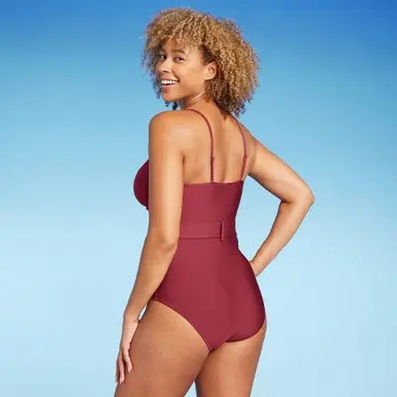 New - Shade & Shore Women'S Underwire One Piece Swimsuit Belted Swimwear