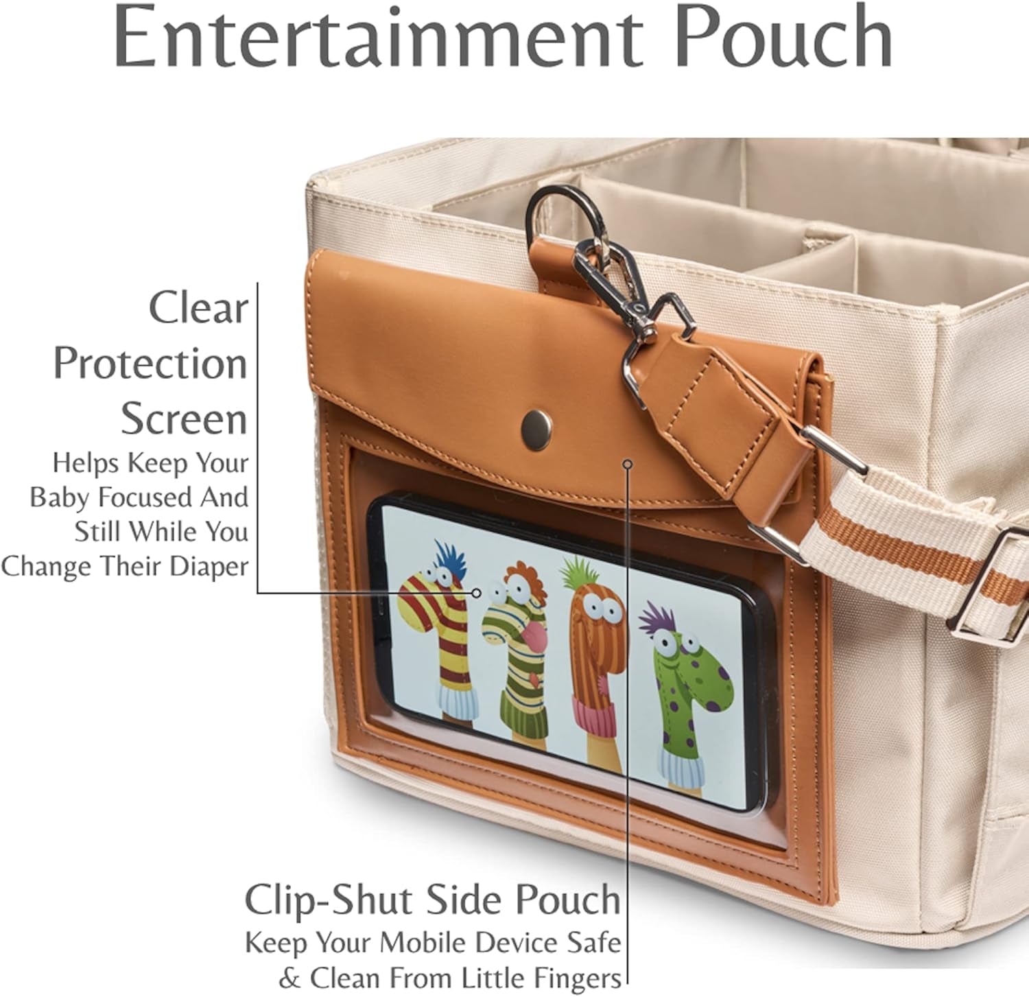 Diaper Caddy Organizer - Multiple Compartment Bag with Shoulder Strap and Entertainment Pouch Keeps Baby Still for Diaper Changing. Waterproof Canvas Fabric Storage Bag for Nursery (Beige)