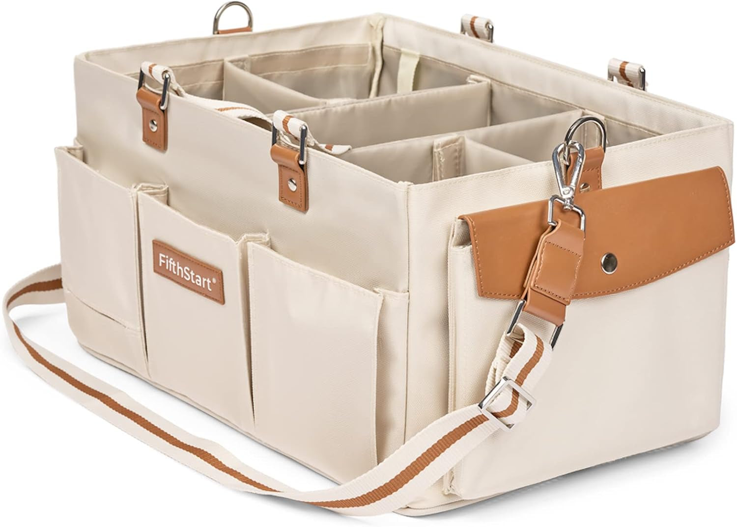 Diaper Caddy Organizer - Multiple Compartment Bag with Shoulder Strap and Entertainment Pouch Keeps Baby Still for Diaper Changing. Waterproof Canvas Fabric Storage Bag for Nursery (Beige)