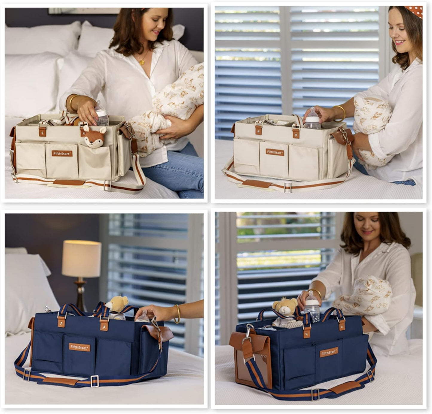 Diaper Caddy Organizer - Multiple Compartment Bag with Shoulder Strap and Entertainment Pouch Keeps Baby Still for Diaper Changing. Waterproof Canvas Fabric Storage Bag for Nursery (Beige)
