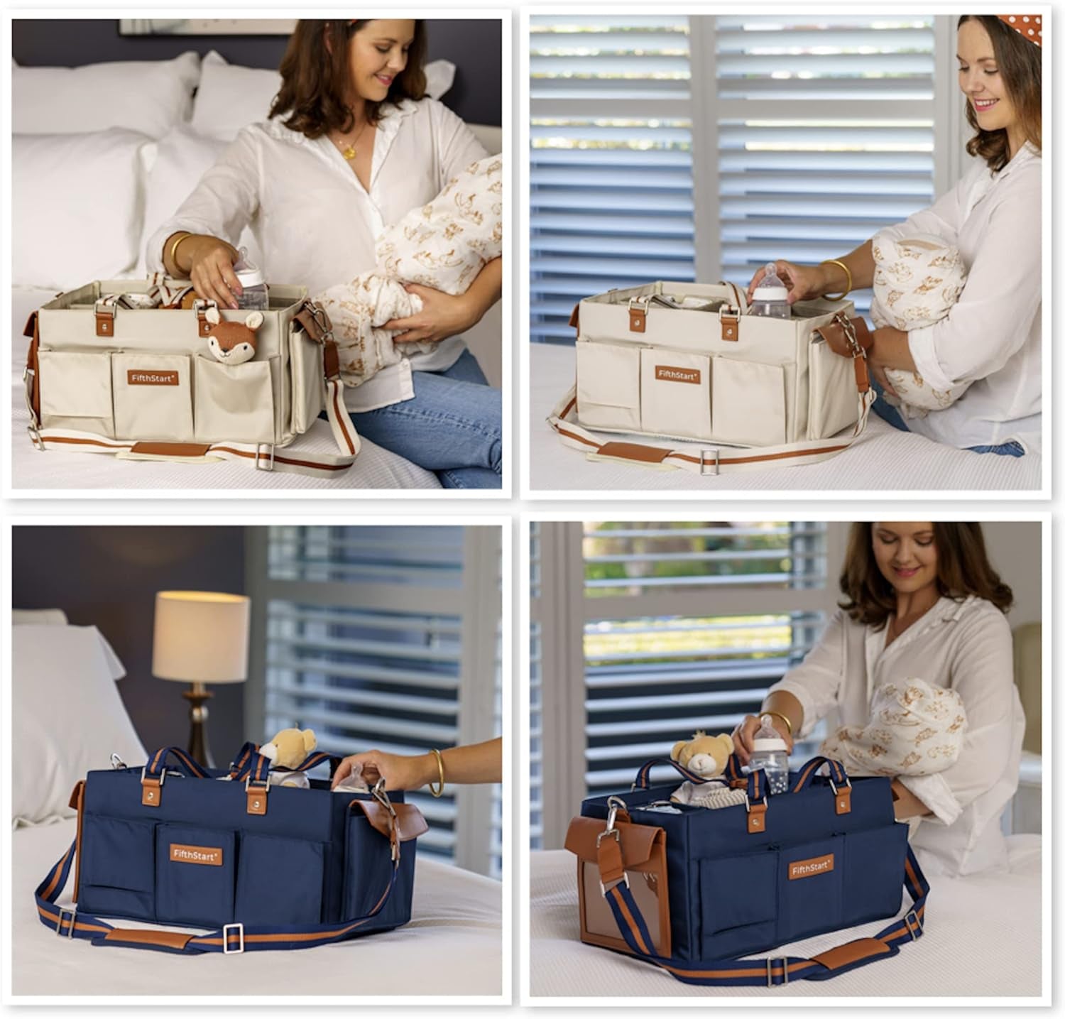 Diaper Caddy Organizer - Multiple Compartment Bag with Shoulder Strap and Entertainment Pouch Keeps Baby Still for Diaper Changing. Waterproof Canvas Fabric Storage Bag for Nursery (Beige)