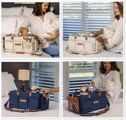 Diaper Caddy Organizer - Multiple Compartment Bag with Shoulder Strap and Entertainment Pouch Keeps Baby Still for Diaper Changing. Waterproof Canvas Fabric Storage Bag for Nursery (Beige)
