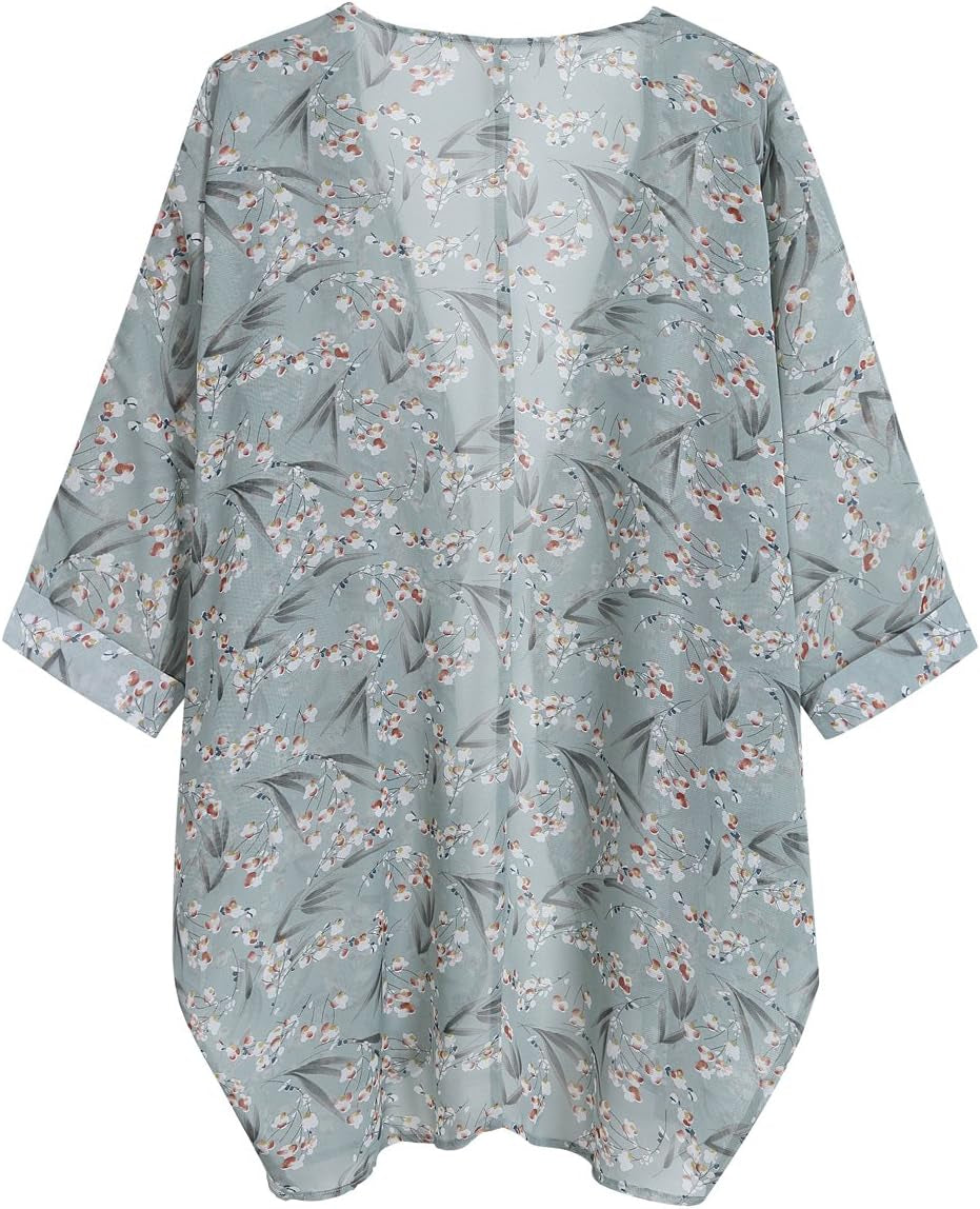 Women'S Floral Print Sheer Chiffon 3/4 Bat Sleeve Casual Loose Kimono Cardigan Capes
