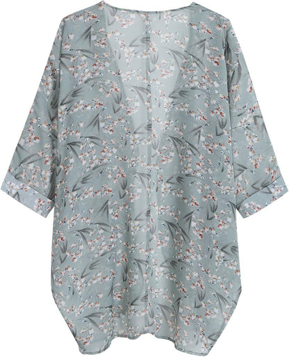 Women'S Floral Print Sheer Chiffon 3/4 Bat Sleeve Casual Loose Kimono Cardigan Capes