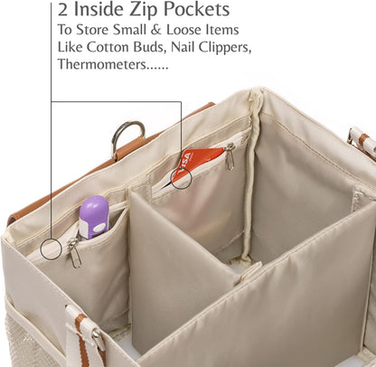 Diaper Caddy Organizer - Multiple Compartment Bag with Shoulder Strap and Entertainment Pouch Keeps Baby Still for Diaper Changing. Waterproof Canvas Fabric Storage Bag for Nursery (Beige)