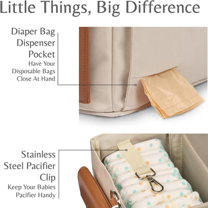 Diaper Caddy Organizer - Multiple Compartment Bag with Shoulder Strap and Entertainment Pouch Keeps Baby Still for Diaper Changing. Waterproof Canvas Fabric Storage Bag for Nursery (Beige)
