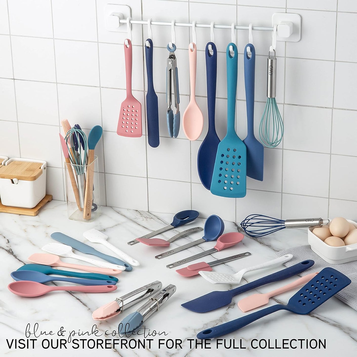 Kitchen Utensil Set - Silicone Kitchen Tools, Whisk, Tong, Spatula, Spoonula and Spoon, Navy Collection