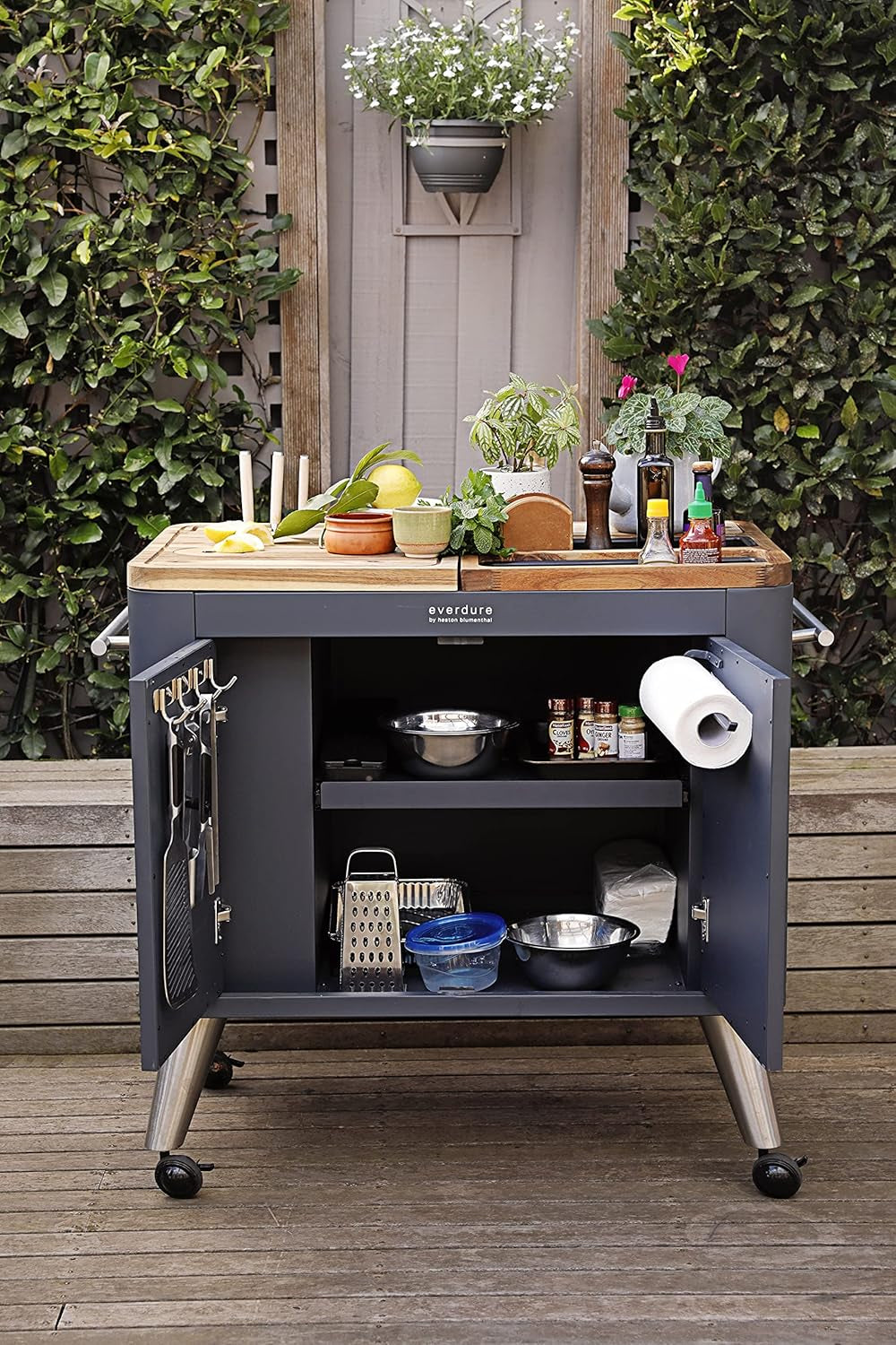 Mobile Prep Kitchen, 40-Inch Indoor/Outdoor Kitchen Island, Rolling Cart with Lockable Wheels, Equipped with Built-In Cutting Board and Serving Trays, Graphite
